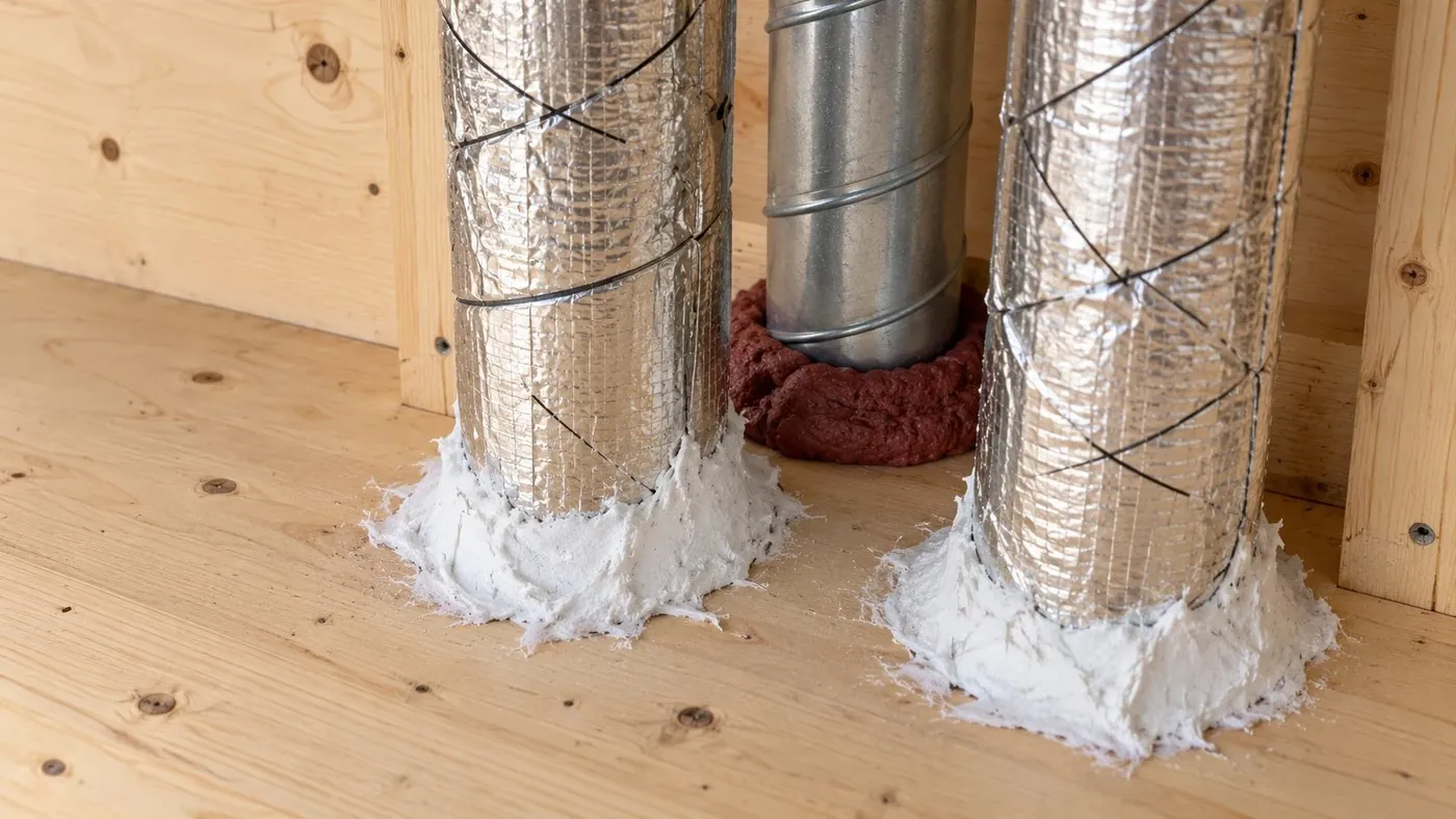 Brandabschottungen an den Strangdurchführungen eines Techniksystems: Steinwolle-ummantelte Leitungen und Wickelfalzrohr mit Abschottungsmasse an der Holzdecke.