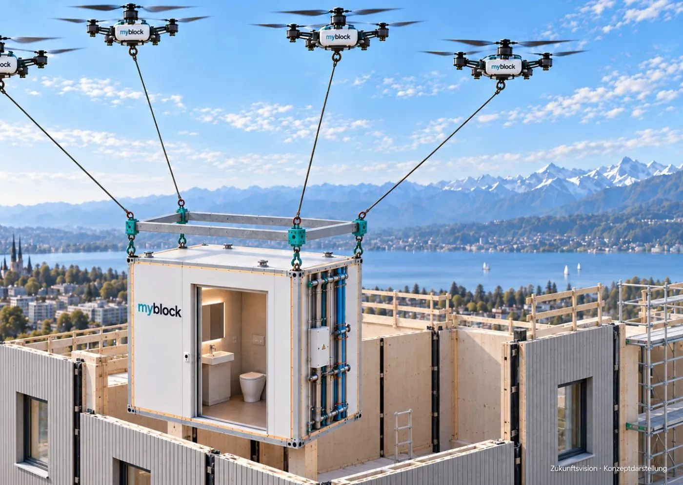 Zukunftsvision: Drohnen setzen ein Techniksystem auf den Rohbau.