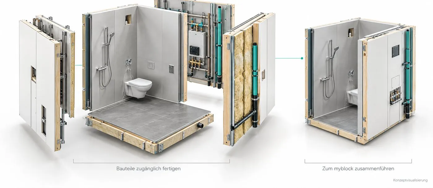 Konzeptvisualisierung: Boden-, Wand- und Technikelemente eines Techniksystems offen nebeneinander, rechts das zusammengeführte myblock.