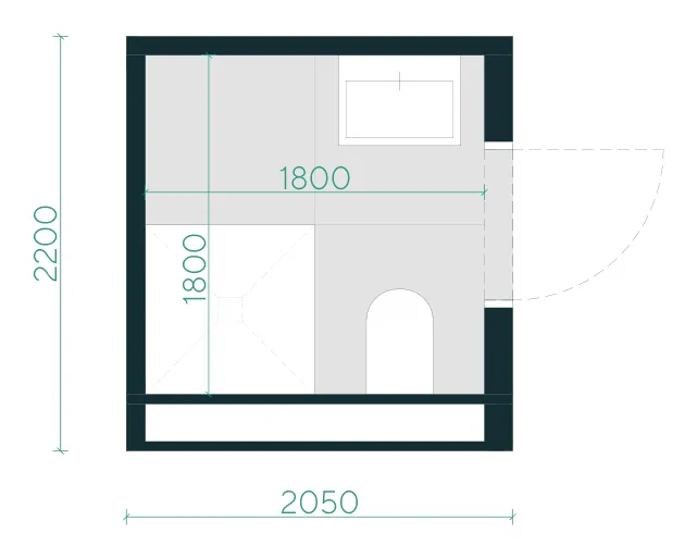 Grundriss mini: Dusche, WC und Waschtisch auf 1,80 × 1,80 m, Tür an der Längsseite