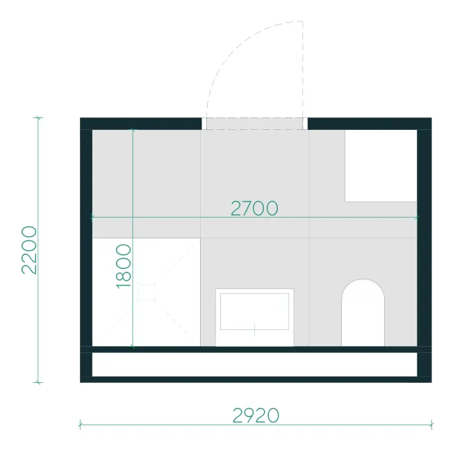 Grundriss klein: Dusche, Waschtisch und WC auf 2,70 × 1,80 m, Tür an der Längsseite