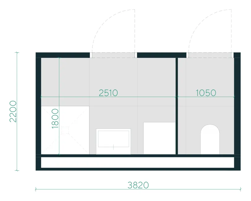 Grundriss groß: Bad mit Dusche und Waschtisch 2,51 × 1,80 m, daneben separates WC 1,05 × 1,80 m