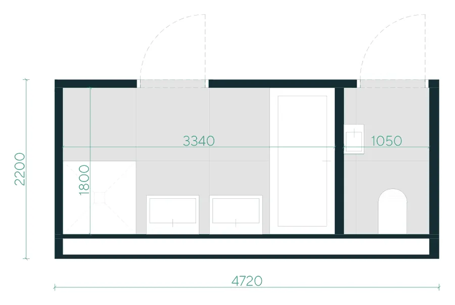 Grundriss duo: Bad mit Dusche, Doppelwaschtisch und Wanne 3,34 × 1,80 m, daneben separates WC 1,05 × 1,80 m
