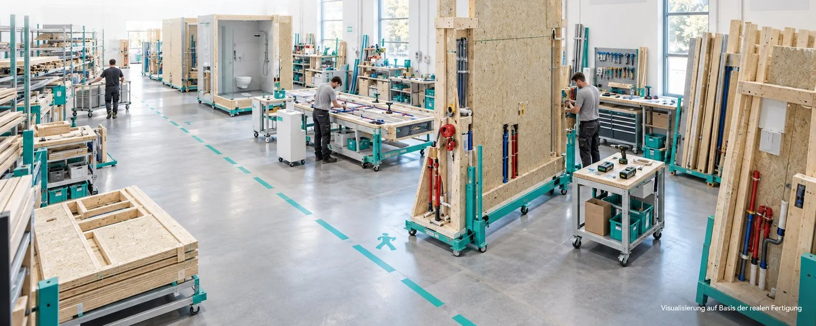 Werkhalle als Zukunftsbild: Wand-, Boden- und Technikelemente an parallelen Stationen, Techniksysteme in der Endmontage.