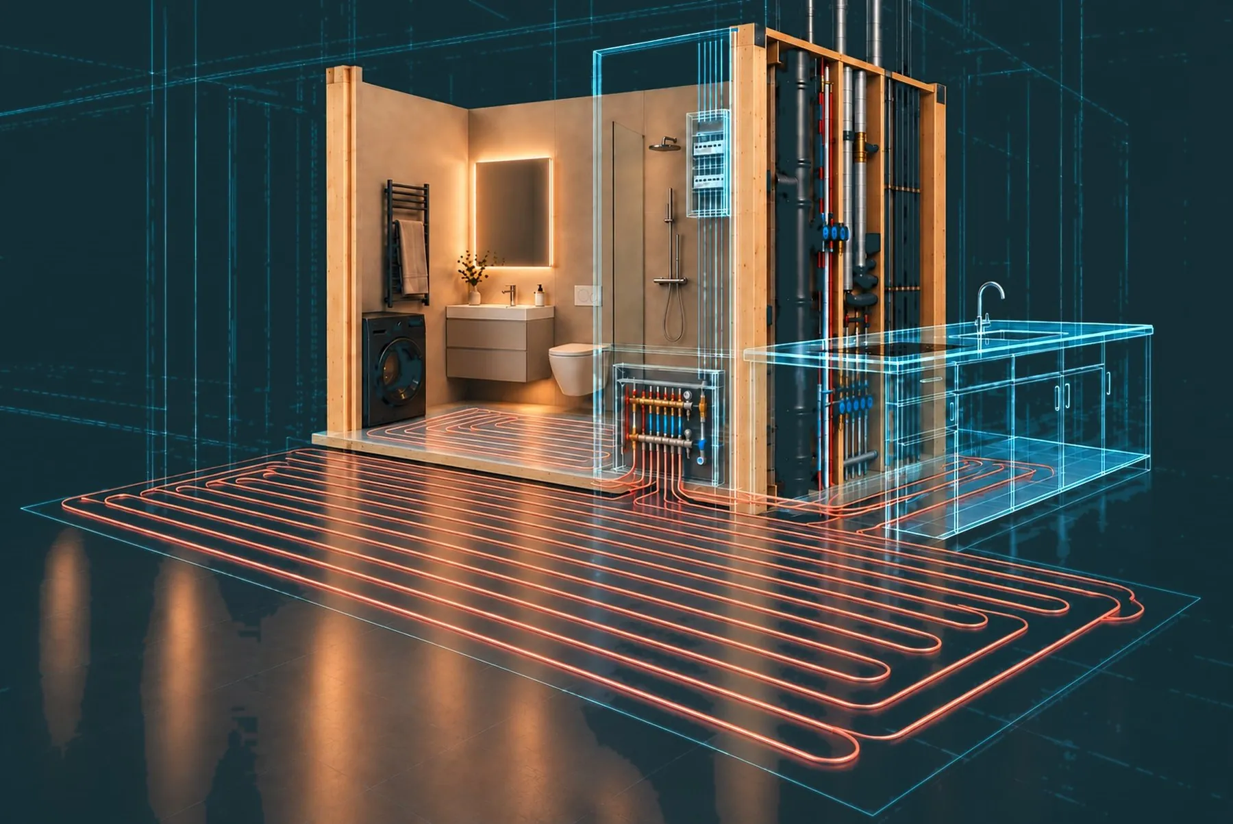 myblock-Techniksystem als Schnittmodell: fertiges Bad mit Dusche, Waschtisch und Waschmaschine, rechts die offene Technikwand mit Steigsträngen und Verteilern, davor Fußbodenheizung und Küchenanschluss als Planungsmodell.