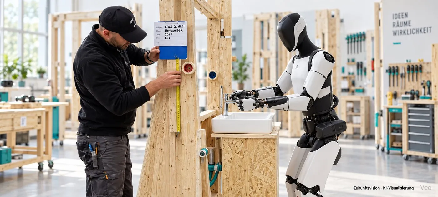 Zukunftsvision: Mitarbeiter und humanoider Roboter arbeiten gemeinsam an einer Wandstation mit Waschtisch.