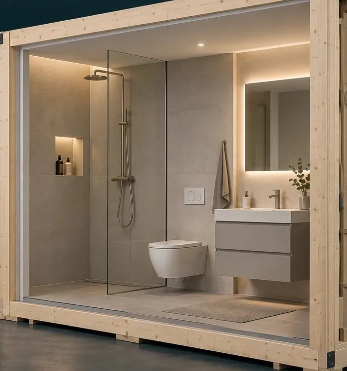 Das fertige Bad desselben Techniksystems: Dusche, WC, Waschtisch, Spiegelschrank.
