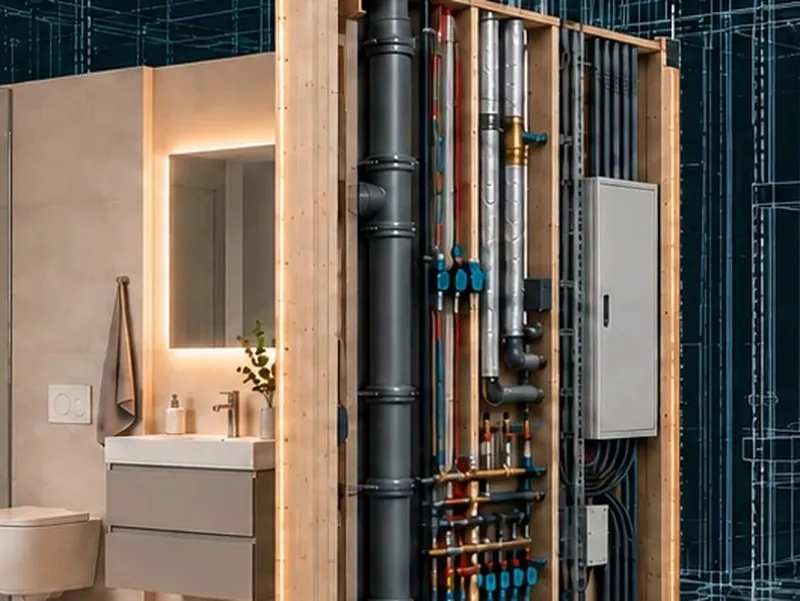 Die Technikwand des Techniksystems: Steigstrang mit getrennten Leitungen, Verteiler, Unterverteiler und Anschlüsse — Ausschnitt aus der Konzeptvisualisierung.